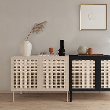 Nordic Beige Cabinet with 2 Doors 2 Shelves Rattan Woven